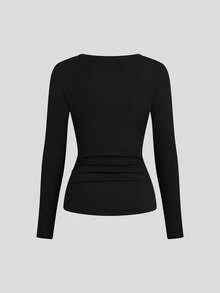 Sweetra 大码女式复古优雅浪漫蕾丝边V领长袖纹理条纹纯色纽扣T恤，黑色长袖T恤，外套，休闲T恤，纽扣T恤，常规长袖T恤，春季、夏季、秋季 - 黑色 - 查看 2