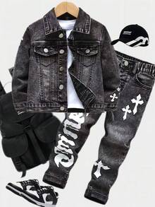 男童休闲牛仔套装，时尚百搭四季皆宜白色印花水洗牛仔套装，黑灰色 - 黑色 - 查看 1