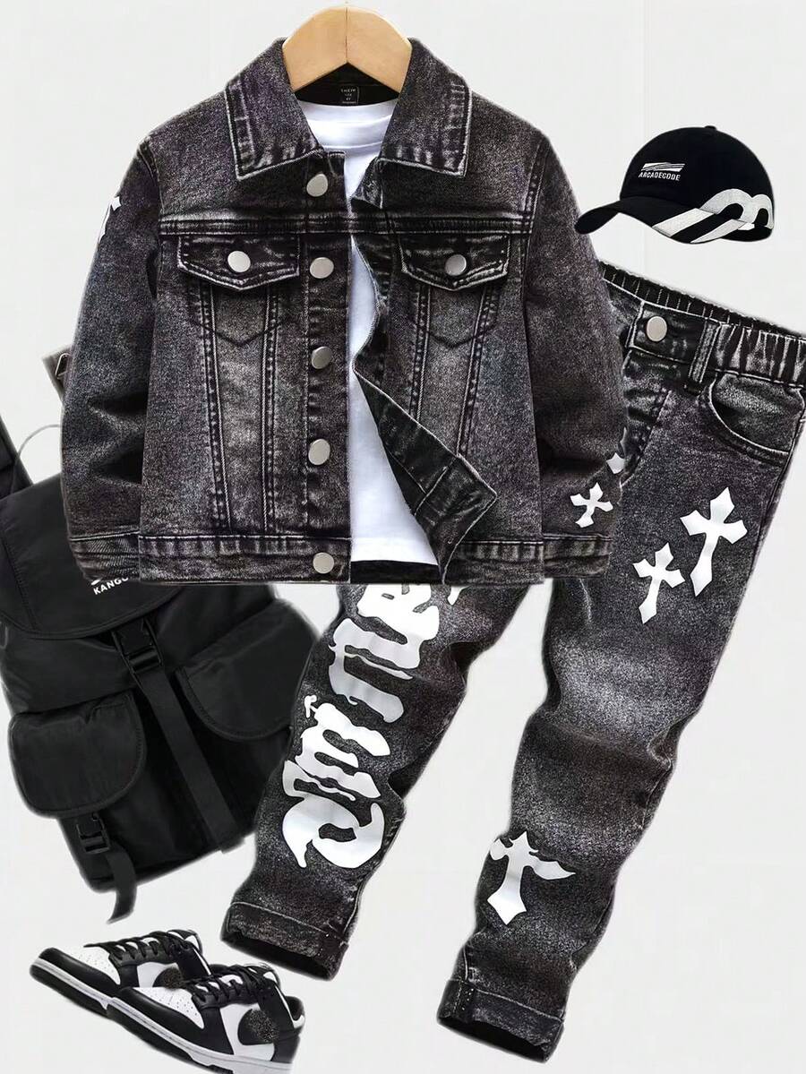 男童休闲牛仔套装，时尚百搭四季皆宜白色印花水洗牛仔套装，黑灰色 - 黑色 - 查看 1