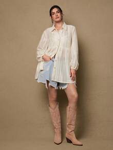 SHEIN VCAY 大码复古优雅波西米亚风钩编蕾丝拼接长袖衬衫，新款春季女式衬衫上衣 - 杏色 - 查看 4