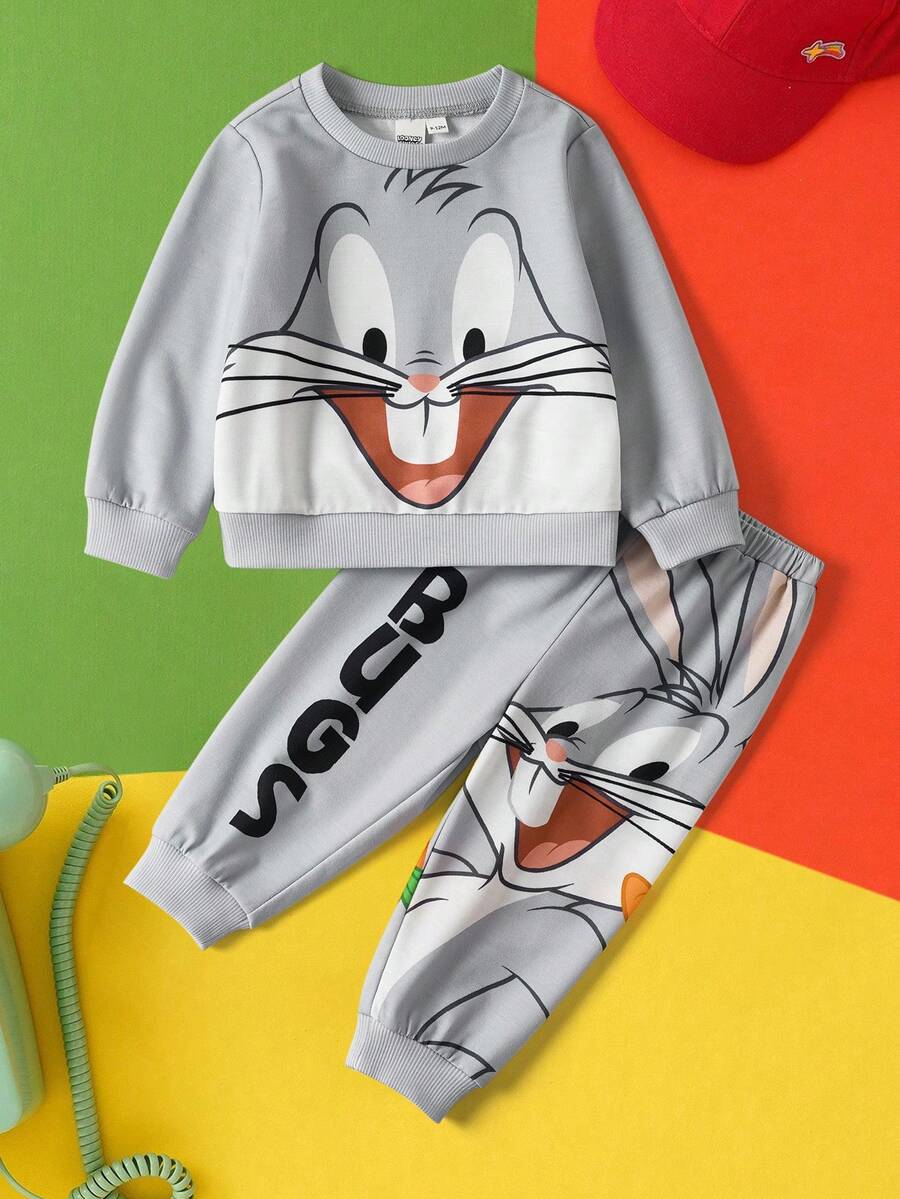 LOONEY TUNES X SHEIN Baby Boy Casual Everyday Commute Cute Cartoon Rabbit Print Crew Neck Sweatshirt And Sweatpants Sports Suit, Suitable For Spring, Autumn And Winter - Grey - View 1