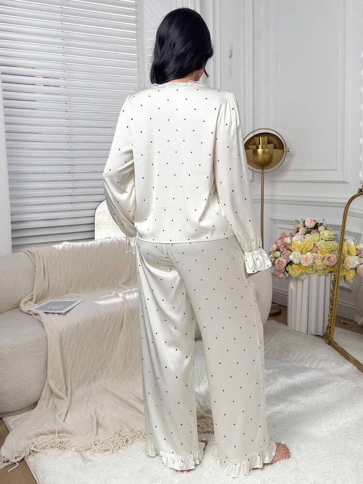 Dazy Plus 2pcs Polka Dot V-Neck Loose Elegant Pajama Set, Sleepwear