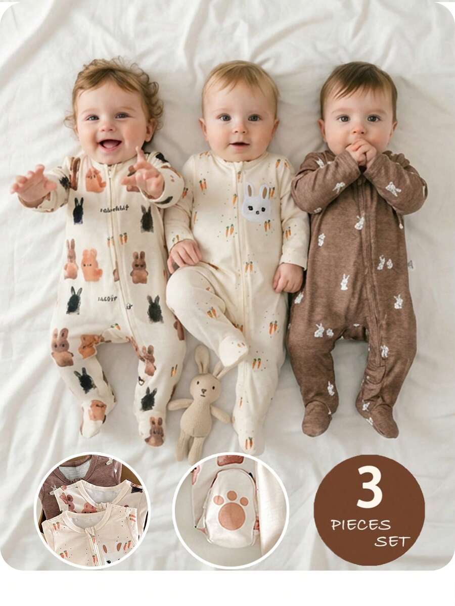 新生女宝宝休闲可爱卡通图案针织长袖连体睡衣 - 彩色 - 查看 1