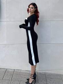 Bearsaez Square Neck Color Block Figure Hugging Sexy Women Dress Maxi Women Outfit Fall Cloth For Women - Black and White - View 3