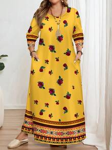 EMERY ROSE Plus Size Floral & Print Round Neck Long Sleeve Dress, Suitable For Autumn/Winter Spring Yellow Floral Dress - Multicolor - View 1