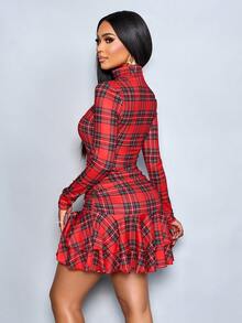 SOLERSUN Women's Red Color Knitted Short Winter Clothes For Women Elegant Party Knitted High Neck Long Sleeves Gathered Double Ruffled Mini Dress, Autumn/Winter Christmas Vacation & Dating & Valentine's Day Dating New Year(Random Floral)