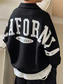 SHEIN Little Byeori 男童休闲宽松字母印花长袖衬衫，纽扣开襟，适合通勤、上学、日常休闲、旅行、运动，春夏秋冬皆宜。 - 黑色 - 查看 1