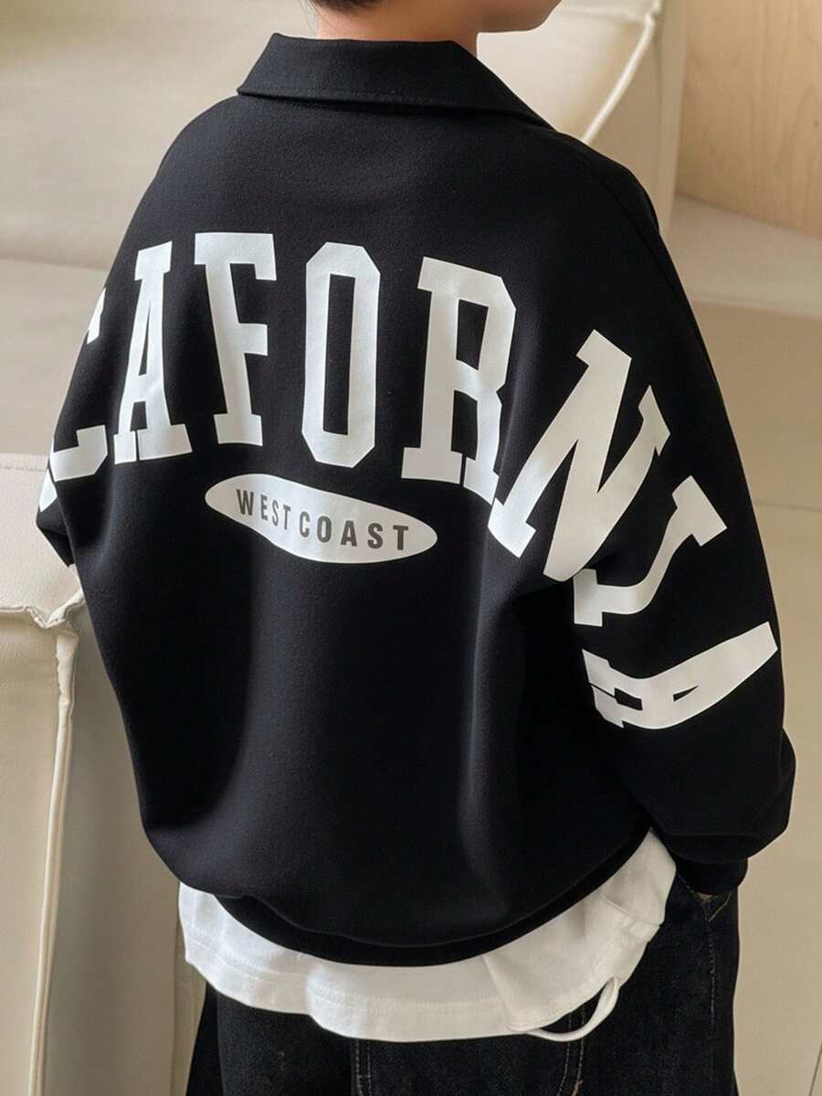 SHEIN Little Byeori 男童休闲宽松字母印花长袖衬衫，纽扣开襟，适合通勤、上学、日常休闲、旅行、运动，春夏秋冬皆宜。 - 黑色 - 查看 1