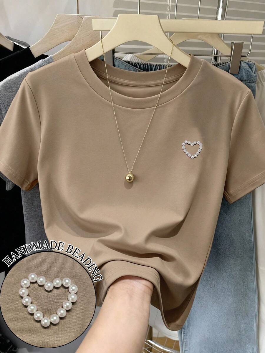 Resyla 女士加大码夏季休闲百搭心形铆钉手工串珠装饰T恤，女式上衣 - 咖啡棕 - 查看 1
