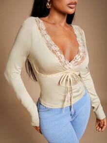 Radiana Women's Sexy Casual Elegant Apricot & Brown Lace Patchwork Long Sleeve V-Neck Fitted T-Shirt, Autumn/Winter Undershirt - Apricot - View 6