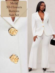 Radiana Elegant Plus Size White Knitted Suit Set Regular Long Sleeve Button Front Top And Pants For Casual Or Business - White - View 5