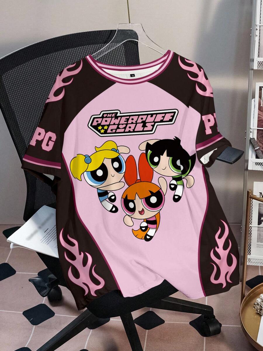 THE POWERPUFF GIRLS X SHEIN Plus Size Women Summer Casual Street Funny Cute Cartoon Letter & Flame Print Contrast Color Raglan Sleeve T-Shirt - White - View 1
