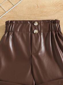 SHEIN Shorts décontractés taille haute à volants en PU pour filles, polyvalents pour l'été, les activités extérieures et toutes les occasions, classiques et polyvalents - Tabac - Voir 3