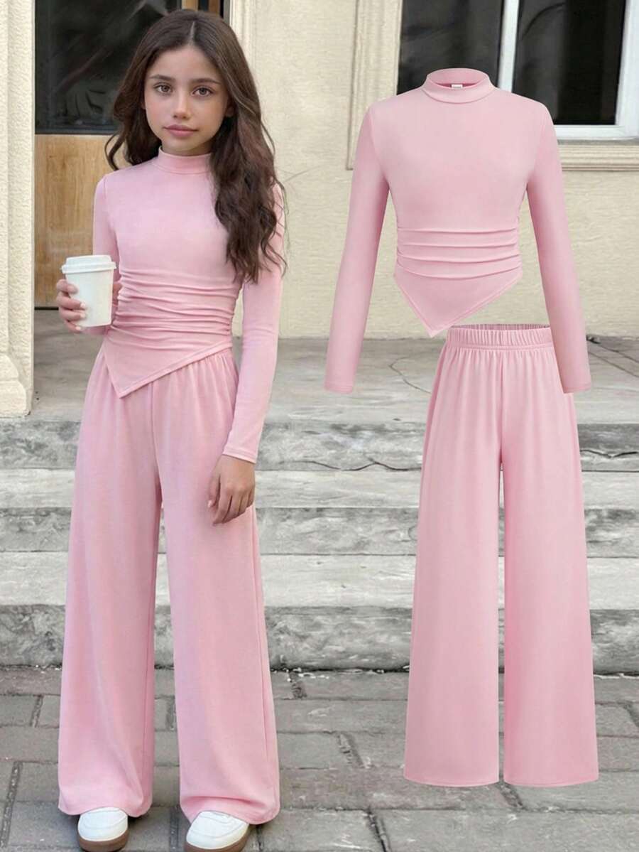 SHEIN Bộ đồ đôi cơ bản, tối giản, thoải mái dành cho bé gái tuổi teen, chất liệu nỉ co giãn cao cấp, gồm áo cổ đứng bất đối xứng nhún bèo ôm sát và quần ống rộng thoải mái, thích hợp cho mùa tựu trường và đi chơi hàng ngày, mùa thu/đông. - Hồng - Xem 1