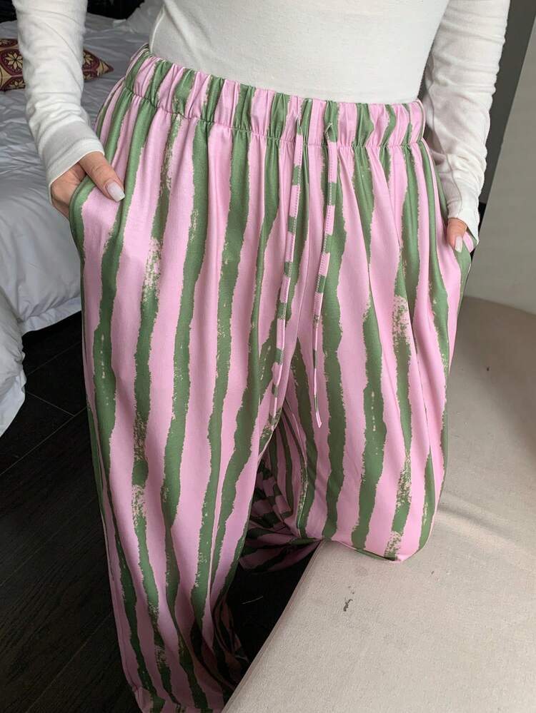 Dazy Plus Fashionable Elastic Waist Drawstring Tie Loose Straight Striped Long Pajama Bottoms