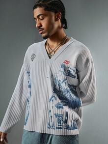 ROMWE MEN Street Life Men's Blue V-Neck Sweater With Architectural Line Pattern - Grey - View 4