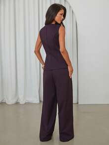 Aloruh Bộ vest và quần màu tím đậm dành cho nữ, trang phục công sở 2 mảnh màu trơn. - Màu đỏ tím - Xem 2