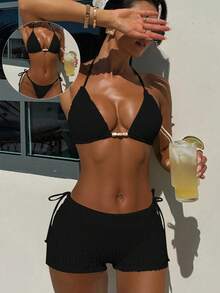 Bonvoyette 3件套女士纯色纹理面料系带比基尼套装 - 黑色 - 查看 1