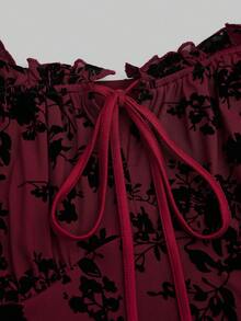 Sweetra Gothic Style Women Top, Floral Flocked Fabric, Ruffle Trim - Burgundy - View 7