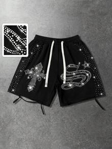 ROMWE MEN Men's Fashionable Distressed Rhinestone Embellished Shorts - Black - View 1