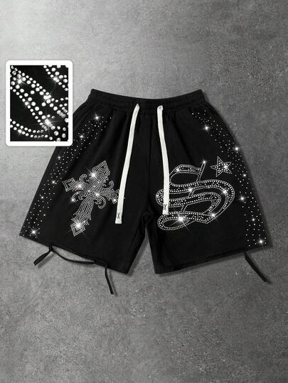 ROMWE MEN Men's Fashionable Distressed Rhinestone Embellished Shorts