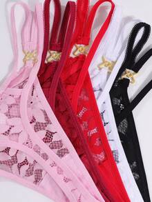 Romantic & Sexy Lace Women's Thong Panties Set, Comfortable, Pack Of 5 Sexy Lingerie String Panties - Multicolor - View 3