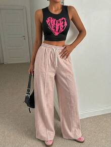 SHEIN Tall Women Loose Fit Front Stitch Detailed Sweatpant Pant - Beige - View 6