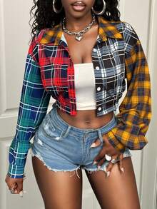 Mistrie Chaqueta casual de estilo sexy con cuello de camisa y estampado a cuadros en contraste