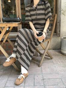 DAZY Women's Striped Short Sleeve Half-Zip Casual Long Dress - Brown - View 7