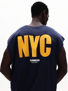 SUMWON 宽松印花网眼背心，背面印有纽约市图案，胸前饰有品牌标志，适合休闲夏季穿着。 - 藍色 - 查看 1