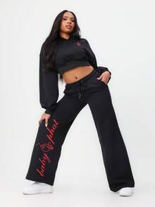 BABYPHAT Baggy Wide Leg Sweatpants With Red Script Logo Print Casual Joggers Drawstring Waist Comfortable Loungewear - Black - View 2