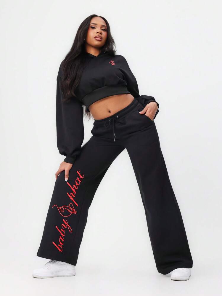 BABYPHAT Baggy Wide Leg Sweatpants With Red Script Logo Print Casual Joggers Drawstring Waist Comfortable Loungewear