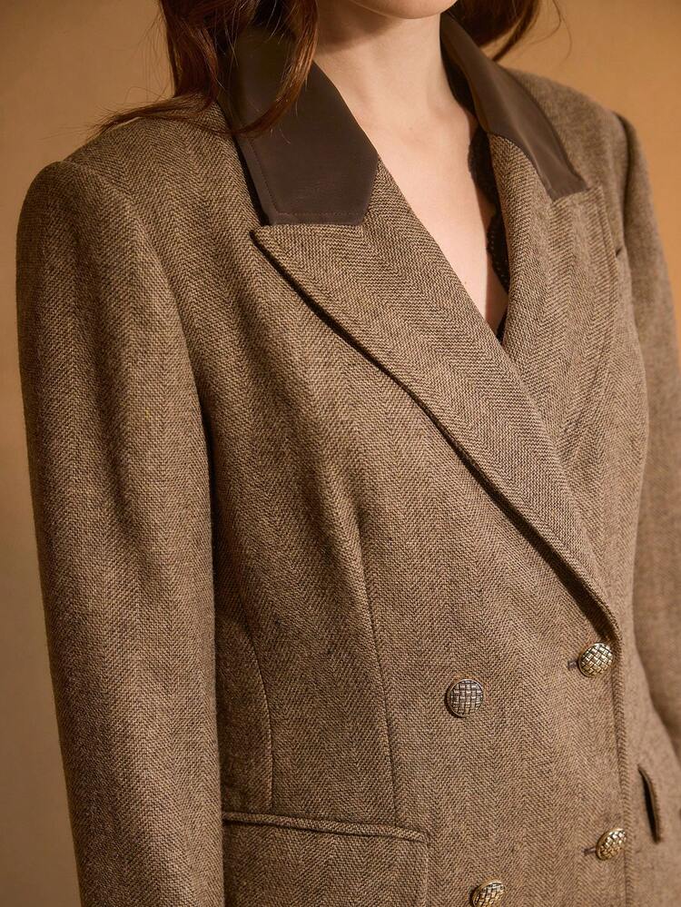 WOMEN'S WOOL & PU LEATHER PATCHWORK DOUBLE-BREASTED BLAZER