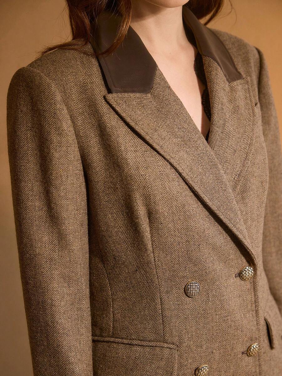 MOTF PREMIUM WOMEN'S WOOL & PU LEATHER PATCHWORK DOUBLE-BREASTED BLAZER