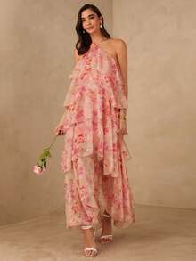 Enchnt Đầm nữ thanh lịch cổ yếm in hoa, nhẹ nhàng, kiểu dáng nghỉ dưỡng, sang trọng kiểu Pháp. - Hồng - Xem 4