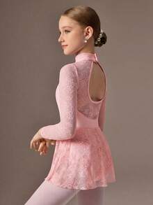 SHEIN Tween Girls Activewear Leotard, Suitable For Ballet, Back To School, Campus Workout, Training, Competition, Casual Wear. Fashionable Stretchy Mesh Long Sleeve Design, Comfortable & Elastic Dance Sportswear - Pink - View 2