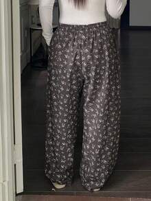 Dazy Plus 碎花图案松紧腰抽绳宽松直筒睡裤 - 黑色 - 查看 2