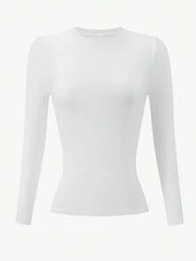 INAWLY 大码女式天鹅绒长袖T恤，白色修身圆领上衣 - 白色 - 查看 3