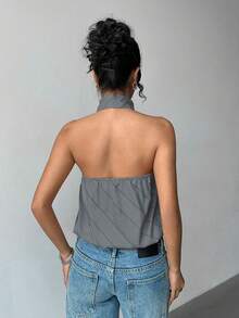 Flirla Women's Fashionable Sexy Striped Halter Backless Top - Grey - View 2
