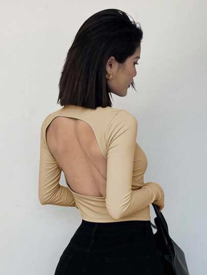 DAZY Women's Backless Tight-Fitting Turtleneck Long Sleeve T-Shirt