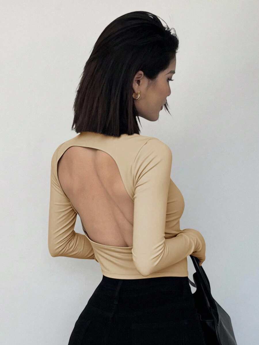 DAZY Women's Backless Tight-Fitting Turtleneck Long Sleeve T-Shirt - Khaki - View 1