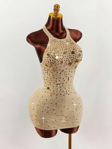Amplova Váy ngắn hở lưng sequin gợi cảm, váy cổ yếm sequin bất đối xứng phù hợp cho tiệc tùng, mùa thu/đông - Vàng - Xem 3