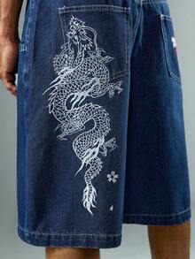 ROMWE MEN Anime Quần short denim dáng rộng, thường ngày có túi thêu họa tiết chữ dành cho nam - Màu xanh lam - Xem 5