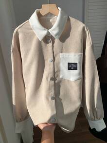 SHEIN EZwear Veste chemise élégante et charmante en velours côtelé à manches longues avec poches, pour l'automne/l'hiver - Kaki - Voir 4