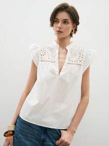 ATUI Studio Women's Summer Commuting Elegant Vacation Casual V-Neck Hollow Embroidery Shirt,Summer Tops,White Top,Business Casual Woman,Going Out Tops Women - White - View 3