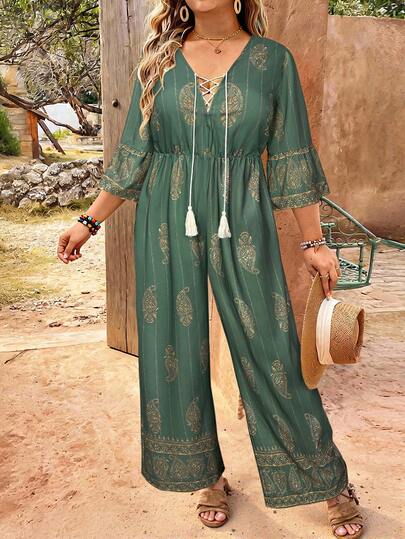 SHEIN V-Neck + Drawstring Waist Tassel Decor Cashew Floral Print Plus Size Jumpsuit