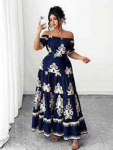 Elenzga Đầm cỡ lớn in họa tiết, thanh lịch, buộc dây, trễ vai, ôm eo. - Màu xanh hải quân - Xem 1