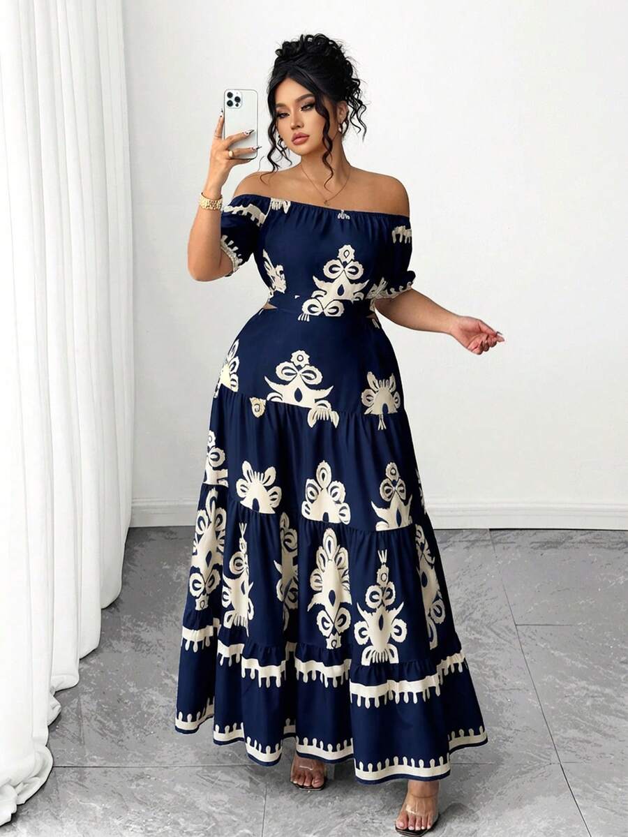 Elenzga Đầm cỡ lớn in họa tiết, thanh lịch, buộc dây, trễ vai, ôm eo. - Màu xanh hải quân - Xem 1