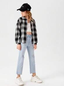 少女格紋下垂肩襯衫 - 黑與白 - 查看 5