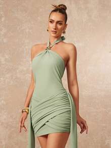Lumalex 金属吊带系带褶皱荷叶边紧身迷你连衣裙，性感女装 - 綠色 - 查看 9